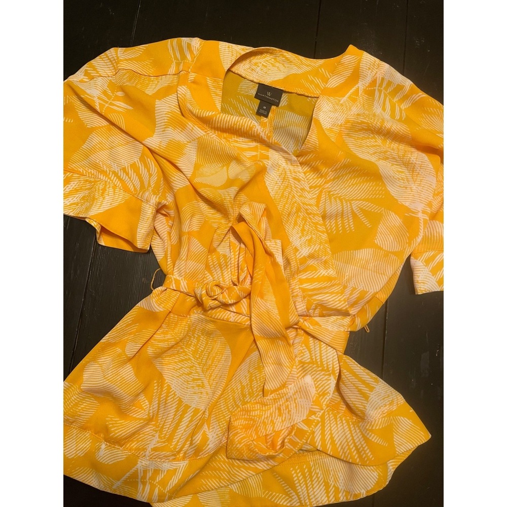 Worthington Women Yellow Tropical Leaf Print Wrap Top Size M